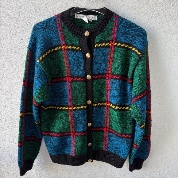 Carlisle Sport Sweaters - Carlisle Sport Wool Vintage Size M Button Cardigan Block Tartan Pattern Colorful